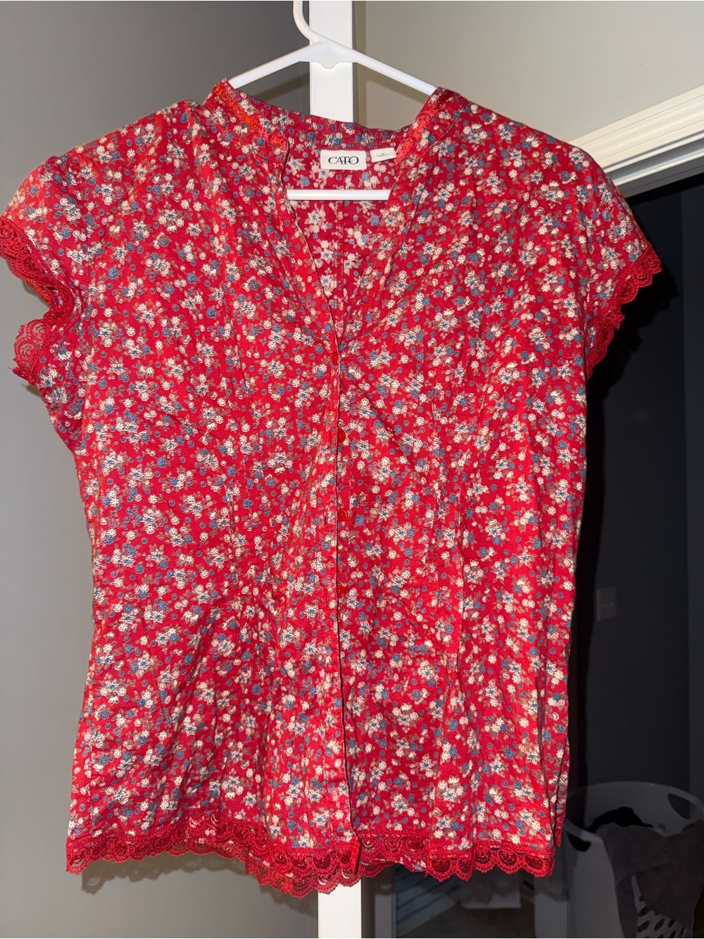 Cato Red Floral Button-Front V-Neck Blouse